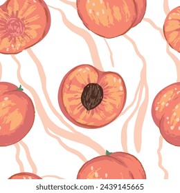 Seamless pattern of peaches in modern style. Vector contemporary ornament of fresh tasty fruits.