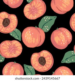 Seamless pattern of peaches in modern style. Vector contemporary ornament of fresh tasty fruits.