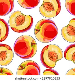 Seamless pattern with peaches on a white background. A whole peach and half a fruit with a stone. Colorful, bright pattern of ripe fruits. Hand drawn, cartoon style. Vector illustration.