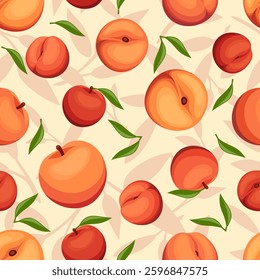 Seamless pattern with peaches on a yellow background. Vector fruit print. Hand-drawn illustration, not AI