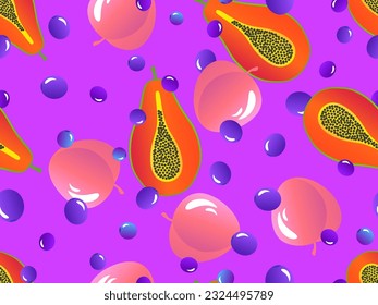 Patrón sin mar con melocotones, papaya y arándanos. Mezcla de frutas exóticas de verano de papaya y arándanos y pessikami. Diseño de carteles, afiches y materiales promocionales. Ilustración del vector