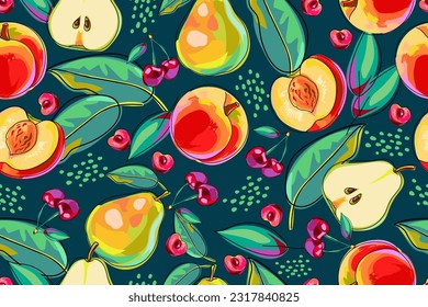 Seamless pattern with peaches, pears, cherries. Fruits and leaves on a dark background. Cartoon. Colorful, bright design for paper, cover, fabric, interior and more. Vector illustration.