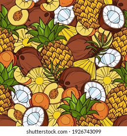 Seamless pattern of peaches, pineapples and coconut. Hand-drawn graphics. Cute tropical fruits for printing. Vector.