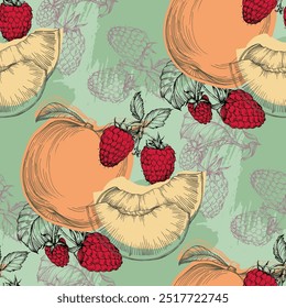 Seamless Pattern with peaches and raspberries. Color sketch style hand drawn background. Detailed illustration, hand drawn. Great for fabric and textile, prints, invitation, packaging.