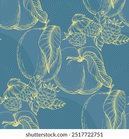 Seamless Pattern with peaches and raspberries. Color sketch style hand drawn background. Detailed illustration, hand drawn. Great for fabric and textile, prints, invitation, packaging.
