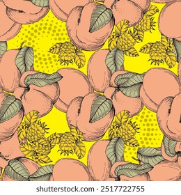 Seamless Pattern with peaches and raspberries. Color sketch style hand drawn background. Detailed illustration, hand drawn. Great for fabric and textile, prints, invitation, packaging.