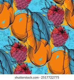 Seamless Pattern with peaches and raspberries. Color sketch style hand drawn background. Detailed illustration, hand drawn. Great for fabric and textile, prints, invitation, packaging.