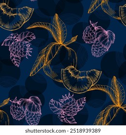 Seamless Pattern with peaches and raspberries. Color sketch style hand drawn background. Detailed illustration, hand drawn. Great for fabric and textile, prints, invitation, packaging.