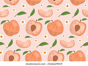 Seamless pattern with peaches. Repeating design element for printing on fabric. Natural and fresh fruits with vitamins. Summer food slices. Wallpaper and texture. Flat vector illustration