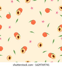 Seamless pattern with peaches, slices, leaves, flowers .Vector graphic.