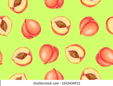 Seamless pattern with peaches and slices. Summer fruit decorative illustration.