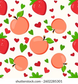Seamless pattern with peaches, strawberries, and heart elements on a white background. Vibrant and romantic design, perfect for packaging, textiles, wallpapers
