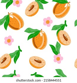 Seamless pattern of peaches, summer vector illustration in cartoon style. Whole peaches, half peaches, flowers and leaves. Bright summer pattern. 