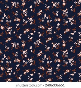 Seamless pattern with peach-pink flowers on a navy blue background. Perfect for textiles, wallpaper, stationary, and bedding. Modern and stylish.
