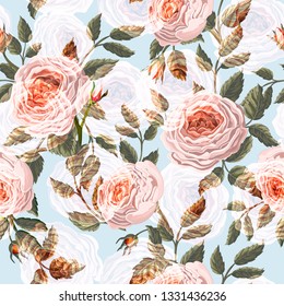 Seamless pattern with peachy English roses.