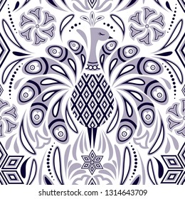 Seamless pattern with peacock and abstract flowers on white background.