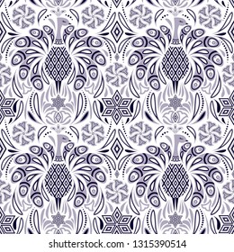 Seamless pattern with peacock and abstract flowers on white background.