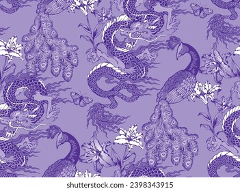 Seamless pattern of peacock and asian dragon. In style Toile de Jou. Suitable for fabric, mural, wrapping paper and the like