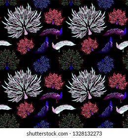 Seamless pattern. Peacock is a beautiful bird. Illustration of birds