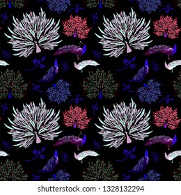 Seamless pattern. Peacock is a beautiful bird. Illustration of birds