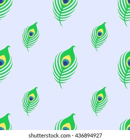 Seamless pattern with peacock feather on blue background. Art vector illustration