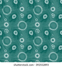 Seamless pattern with peacock feathers and concentrated circles. Stock vector illustration.