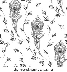 Seamless pattern with peacock feathers and flowers on a white background. Hand-drawn monochrome vector illustration.