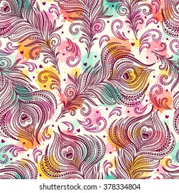 Seamless pattern with peacock feathers. Freehand drawing