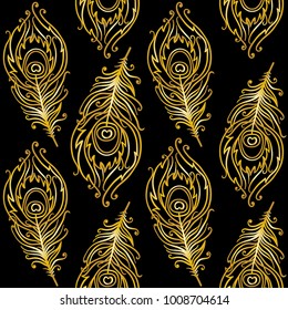 Seamless pattern with peacock feathers. Gold on black.