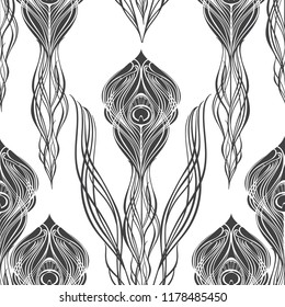 Seamless pattern with peacock feathers on a white background. Hand-drawn monochrome vector illustration.