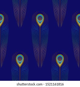 Seamless pattern with peacock feathers on a dark blue background.