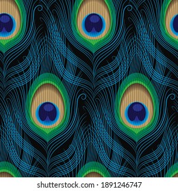 seamless pattern of peacock feathers on a dark background. linear multi-colored drawing of bird feathers on an animalistic theme. stock vector illustration. EPS 10.