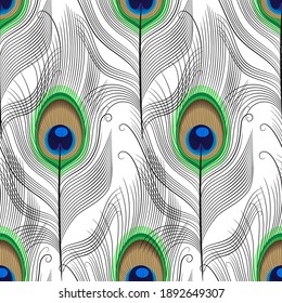 seamless pattern of peacock feathers on a white background. linear vector graphics on an animalistic theme. stock vector illustration. EPS 10.