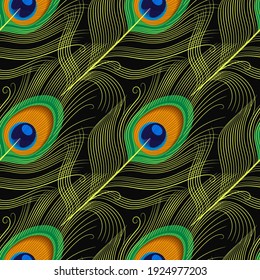 seamless pattern of peacock feathers on a black background. yellow outline, 
color drawing on an animal theme. stock vector illustration. EPS 10.