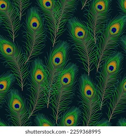 Seamless pattern with peacock feathers on a dark background. Fluffy green feather from peafowl tail. For prints, clothing, t shirt, surface design. Vintage style