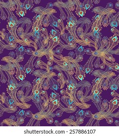 Seamless pattern with peacock feathers on violet background