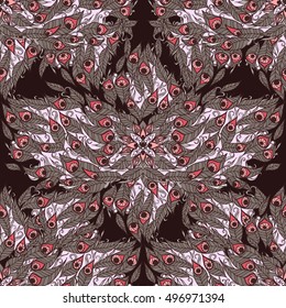 Seamless pattern with the peacock feathers. Vector illustration.
