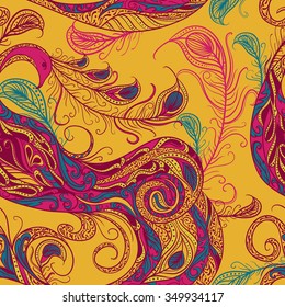 Seamless pattern with peacock and feathers. Vintage fantasy bird with ornament. Colorful hand drawn vector illustration.