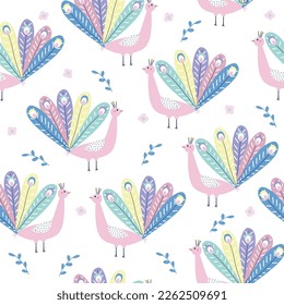 Seamless pattern with peacock and flowers. Cute girlish print. Vector hand drawn illustration.