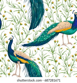 Seamless pattern with peacock, flowers and leaves. Vintage hand drawn vector illustration in watercolor style