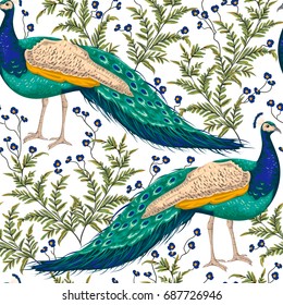 Seamless pattern with peacock, flowers and leaves. Vintage hand drawn vector illustration in watercolor style