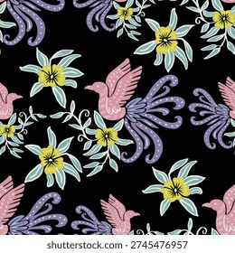 Seamless pattern with peacock and flowers on a black background. Vector illustration