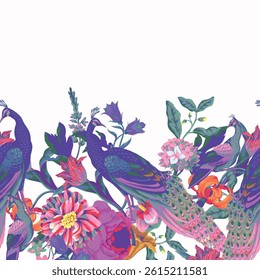 Seamless pattern with peacock and  painting rococo still-lifes flowers. Vector