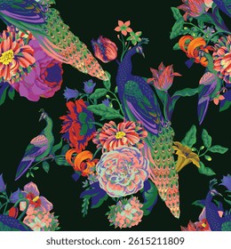 Seamless pattern with peacock and  painting rococo still-lifes flowers. Vector