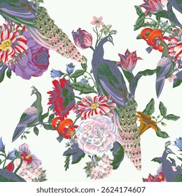 Seamless pattern with peacock and  painting rococo still-lifes flowers. Vector