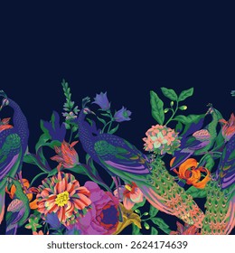 Seamless pattern with peacock and  painting rococo still-lifes flowers. Vector