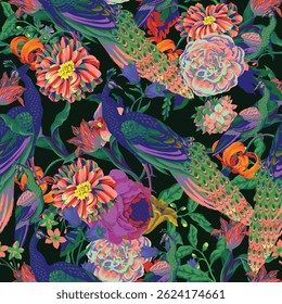 Seamless pattern with peacock and  painting rococo still-lifes flowers. Vector