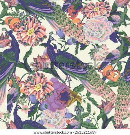 Seamless pattern with peacock and  painting rococo still-lifes flowers. Vector