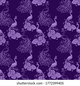 nahtloses Muster, Pfauenmuster, tropischer Vogel, Tapete und Stoffverzierungen, Wickelpapier, Hintergrund für unterschiedliche Designs