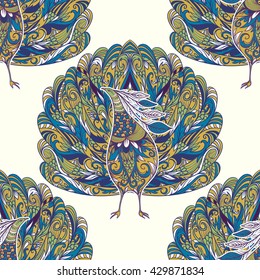Seamless pattern with peacock. Vintage fantasy bird with floral ornament. Colorful hand drawn vector illustration.